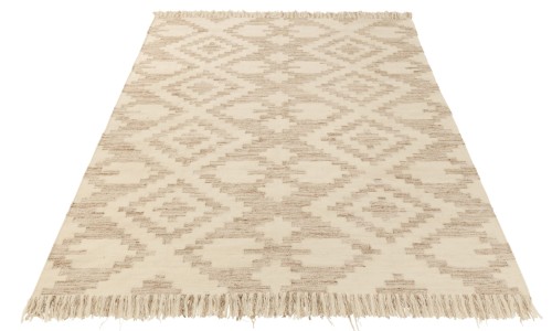 Dywan Ethnic Patterns+Fringes Wool/Cotton Cream/Beige