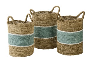 Kosz ZESTAW Set Of 3 Basket Striped Seagrass Natural/Turquoise