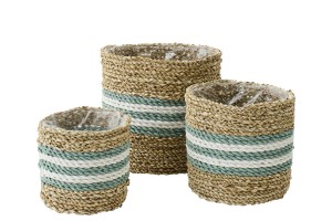 Kosz ZESTAW Set Of 3 Flowerpot Striped Seagrass Natural/Turquoise